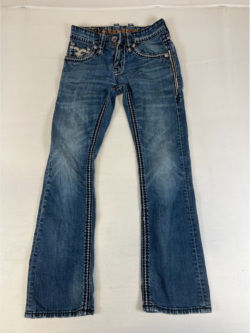 Rock Revival Men 29x29 Slim Bootcut Blue Jeans EP9730RMR Embellished Pockets